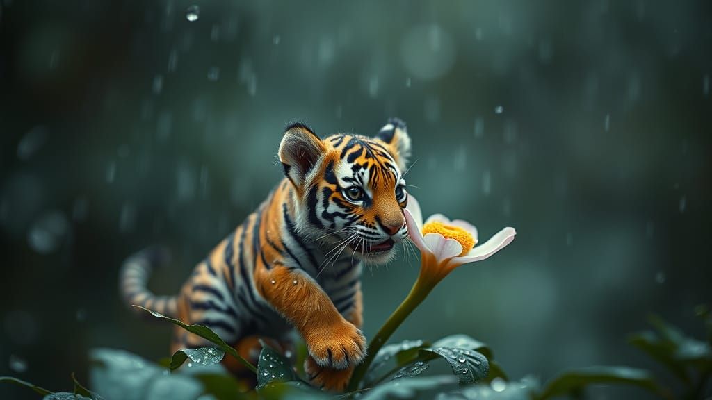 Miniature Tiger in Rain, Hyperrealistic Macro Photography