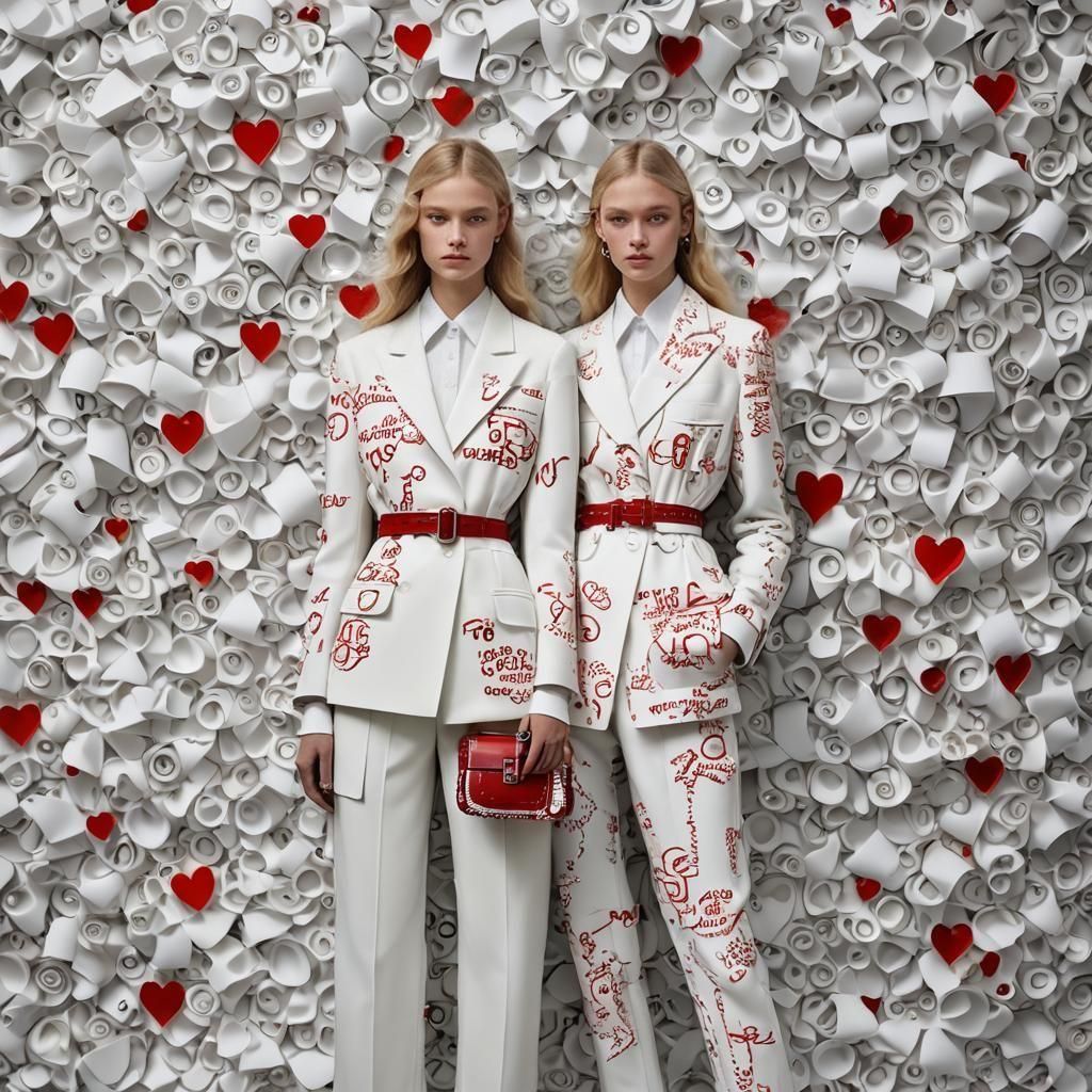 Dior-Style Fashionista on Canvas with Red Heart Motif