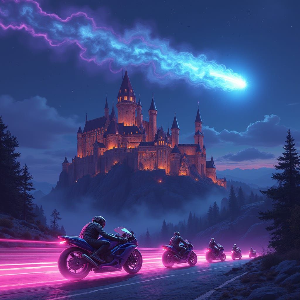 Comet Over Magical Castle with Neon Sports Bikes