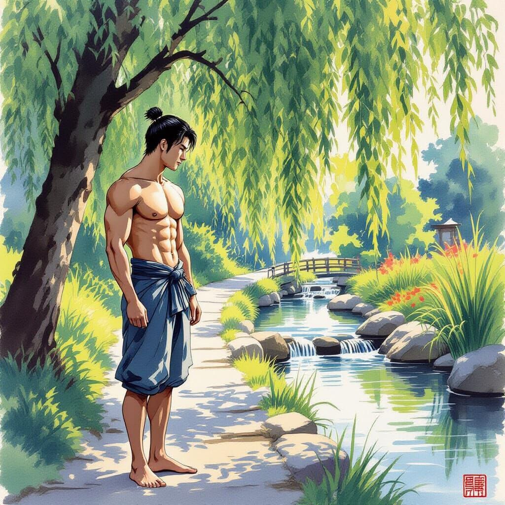 Ink-Washed Japanese Man Under Willow Tree, Ukiyo-e Style