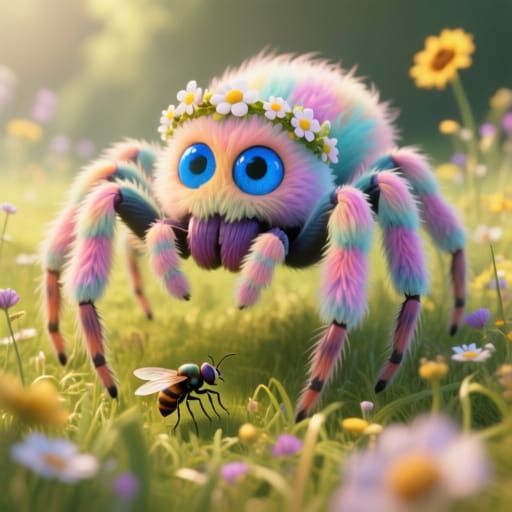 Fluffy Pastel Spider with Flower Crown in Sunlit Meadow