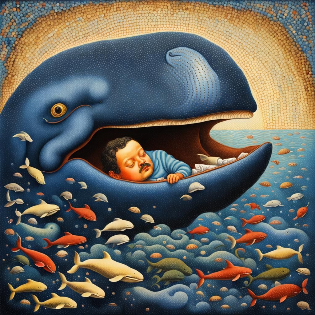 Sleeping Sailor in Whale Mouth: Pointillist Surrealism