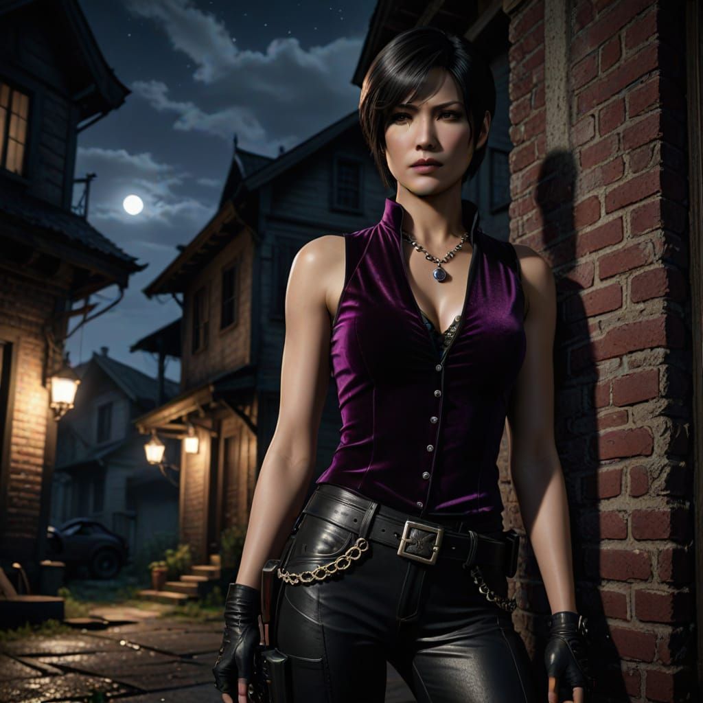 Ada Wong leaning against a wall of an old house at night.