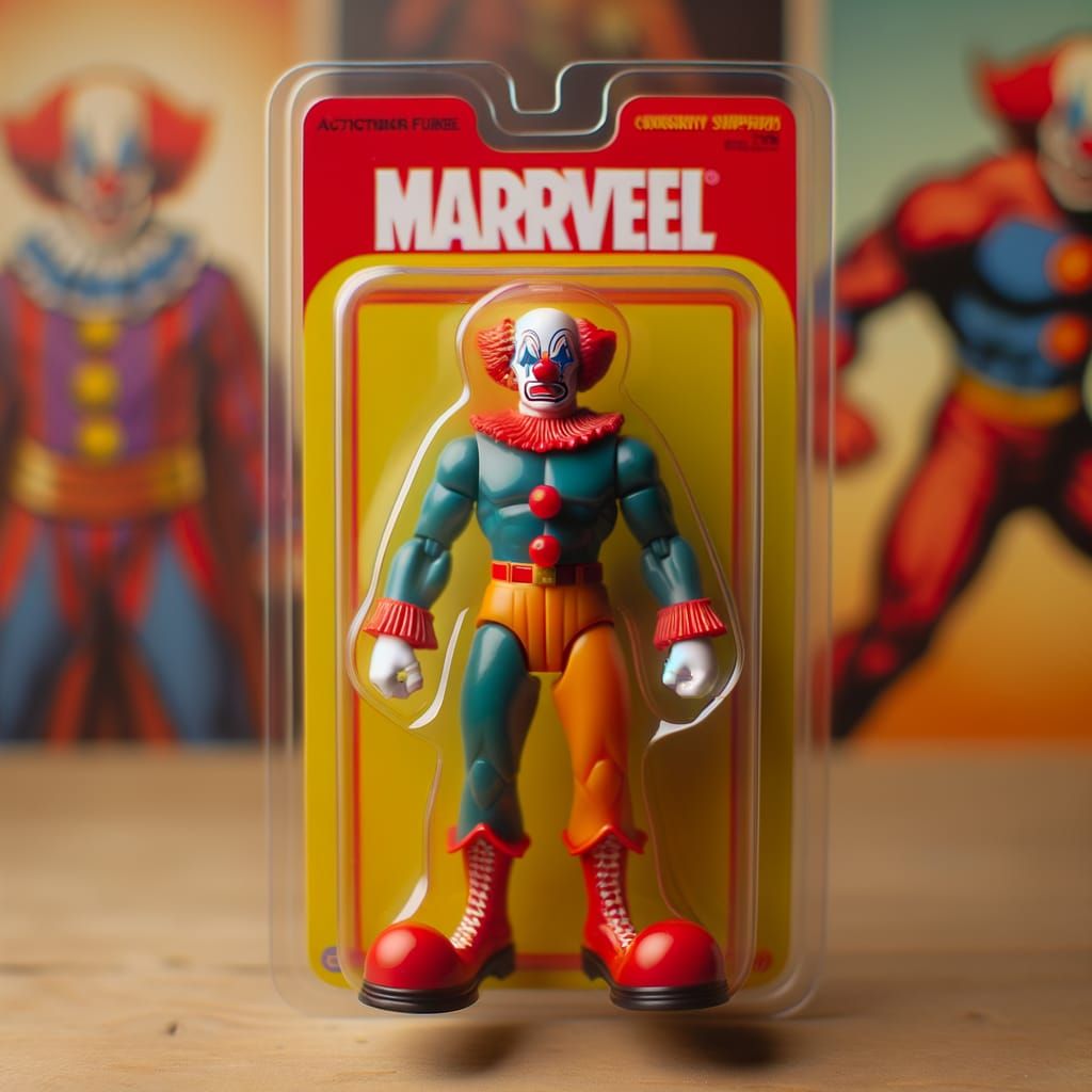 An action figure depicting Bozo the Clown as a superhero packaged in a retail blister pack