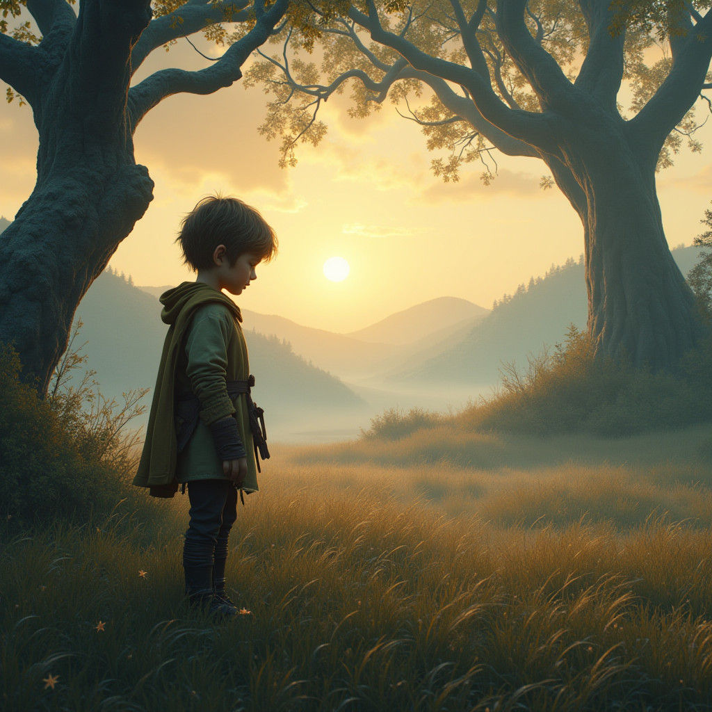 Boy in Misty Meadow: Dreamlike Fantasy Landscape