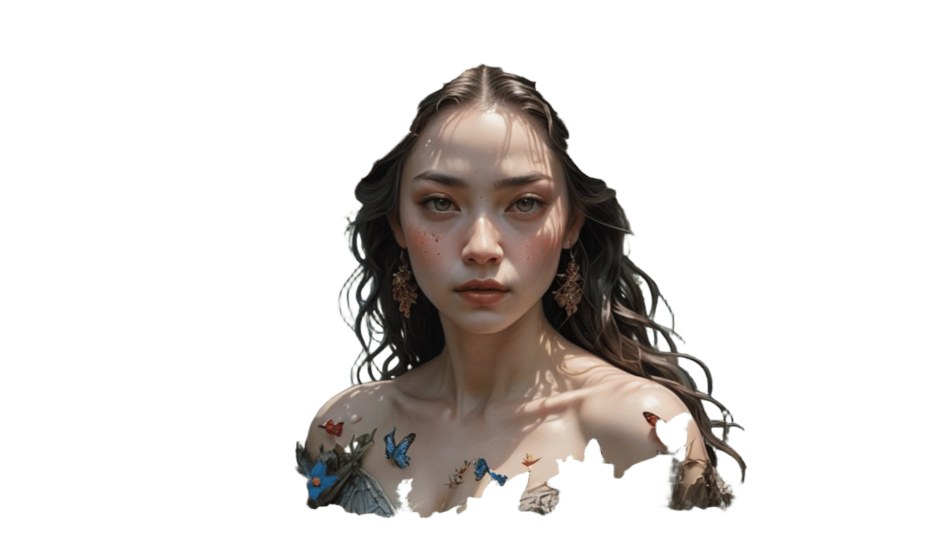 Ethereal Flower Woman in Mountain Lake, Hyperrealistic 3D