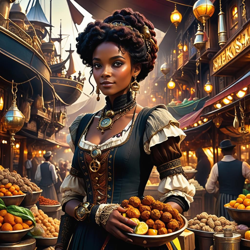 Steampunk Spice Merchant in Ornate Market Stall