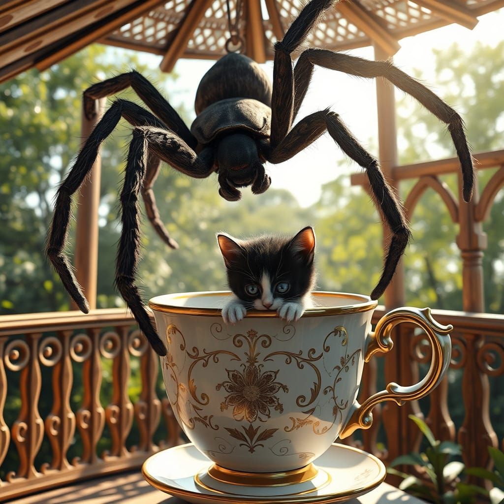 Whimsical Anime Scene of Kitten vs. Giant Spider in Sunlit B...