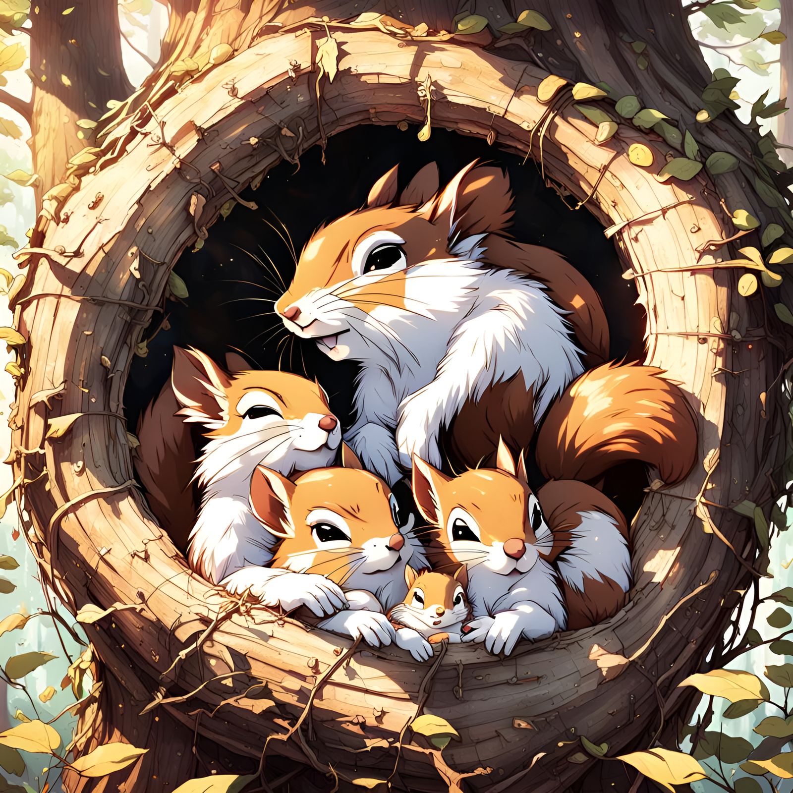 Squirrel Family Sleeping in Tree, Anime Style