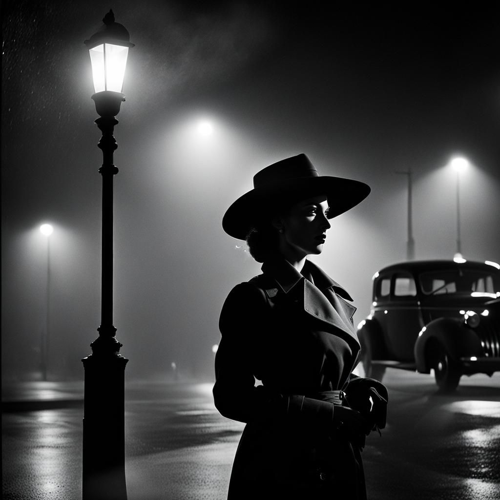 Noir Woman in Fedora Under Streetlight