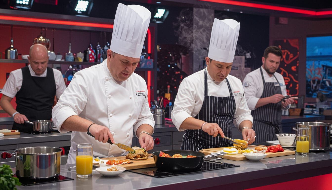 Intense Cooking Competition Scene in Vibrant Style
