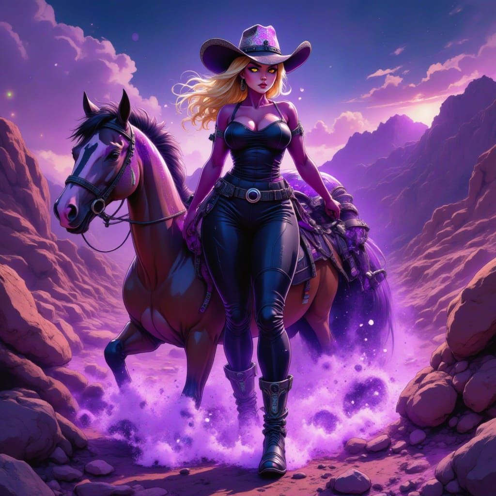 Futuristic Cowgirl Rides in Neon Sci-Fi Landscape