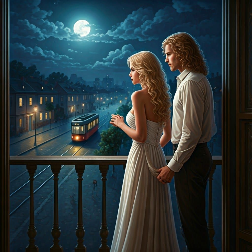 Romantic Moonlit Couple Stands on Balcony Gazing at Cityscap...