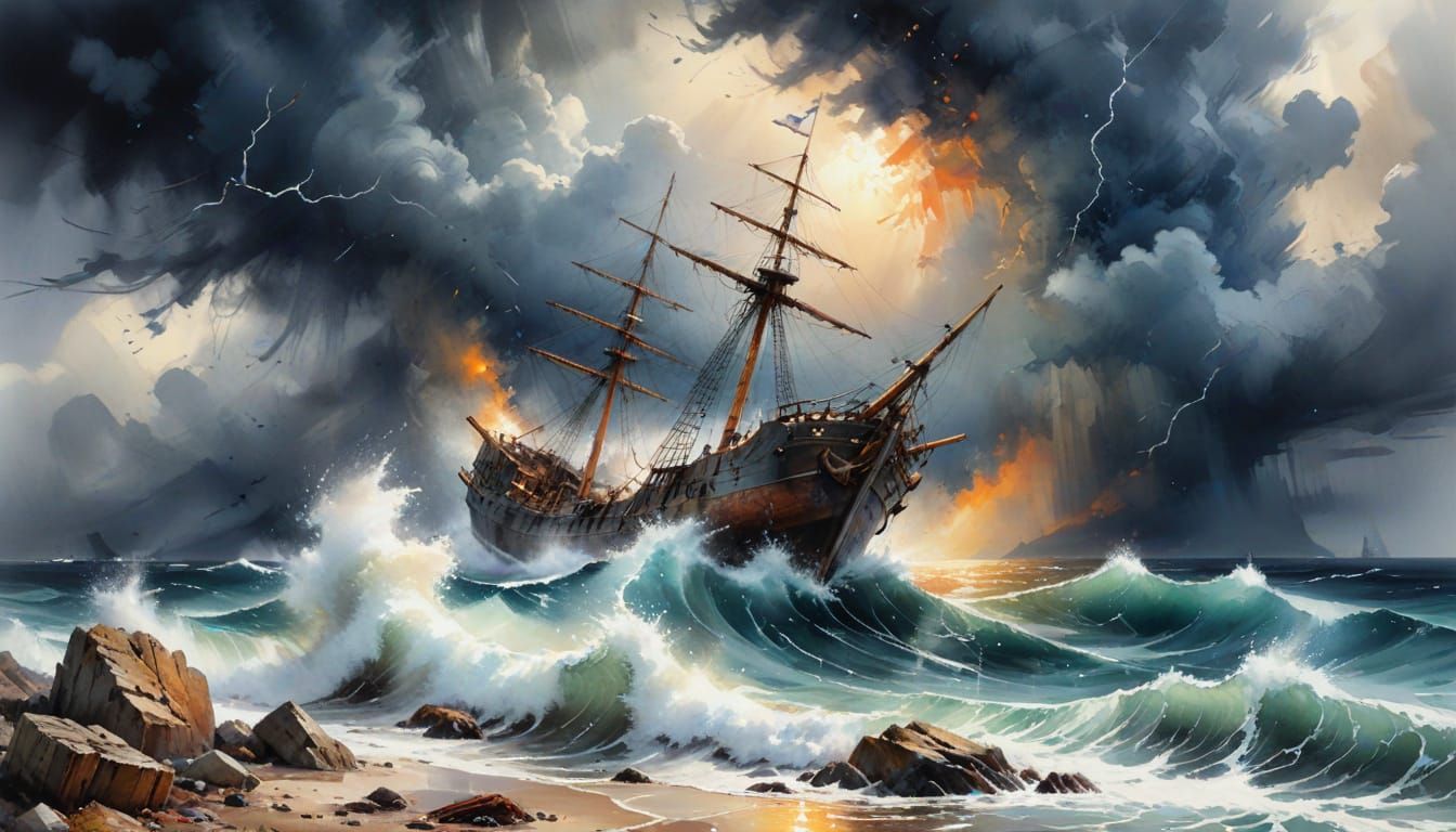 Stormy Seascape Watercolor Painting of Shipwreck