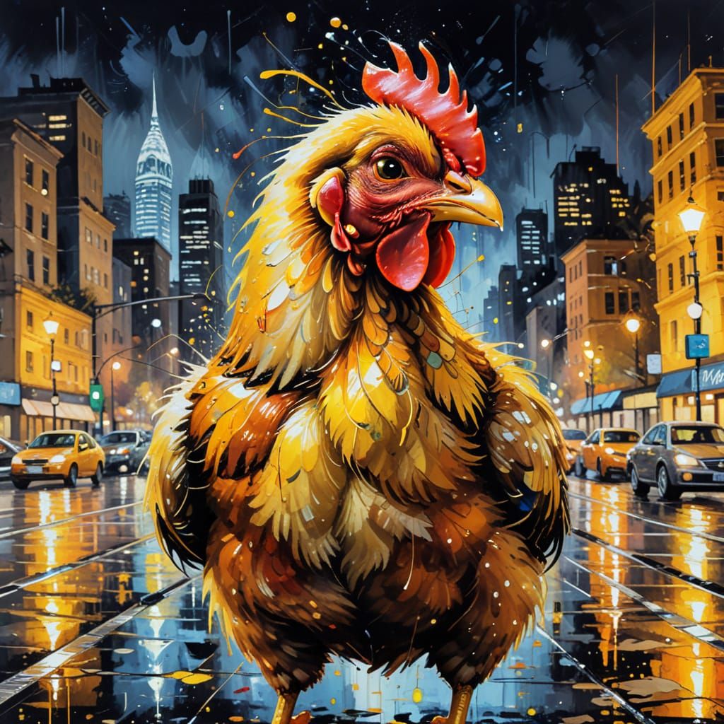 Intricate Chicken Illustration in City at Night