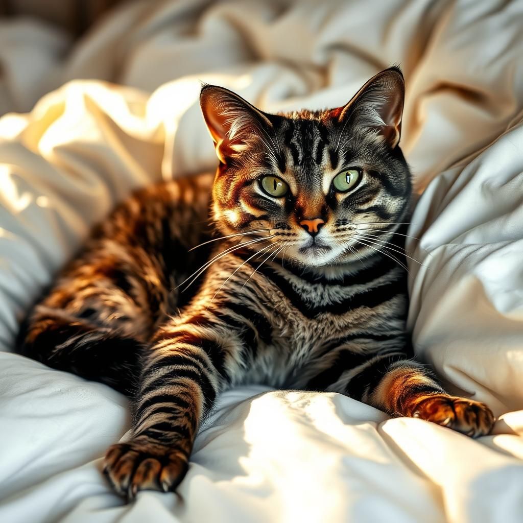 Detailed Tabby Cat Portrait on White Bed
