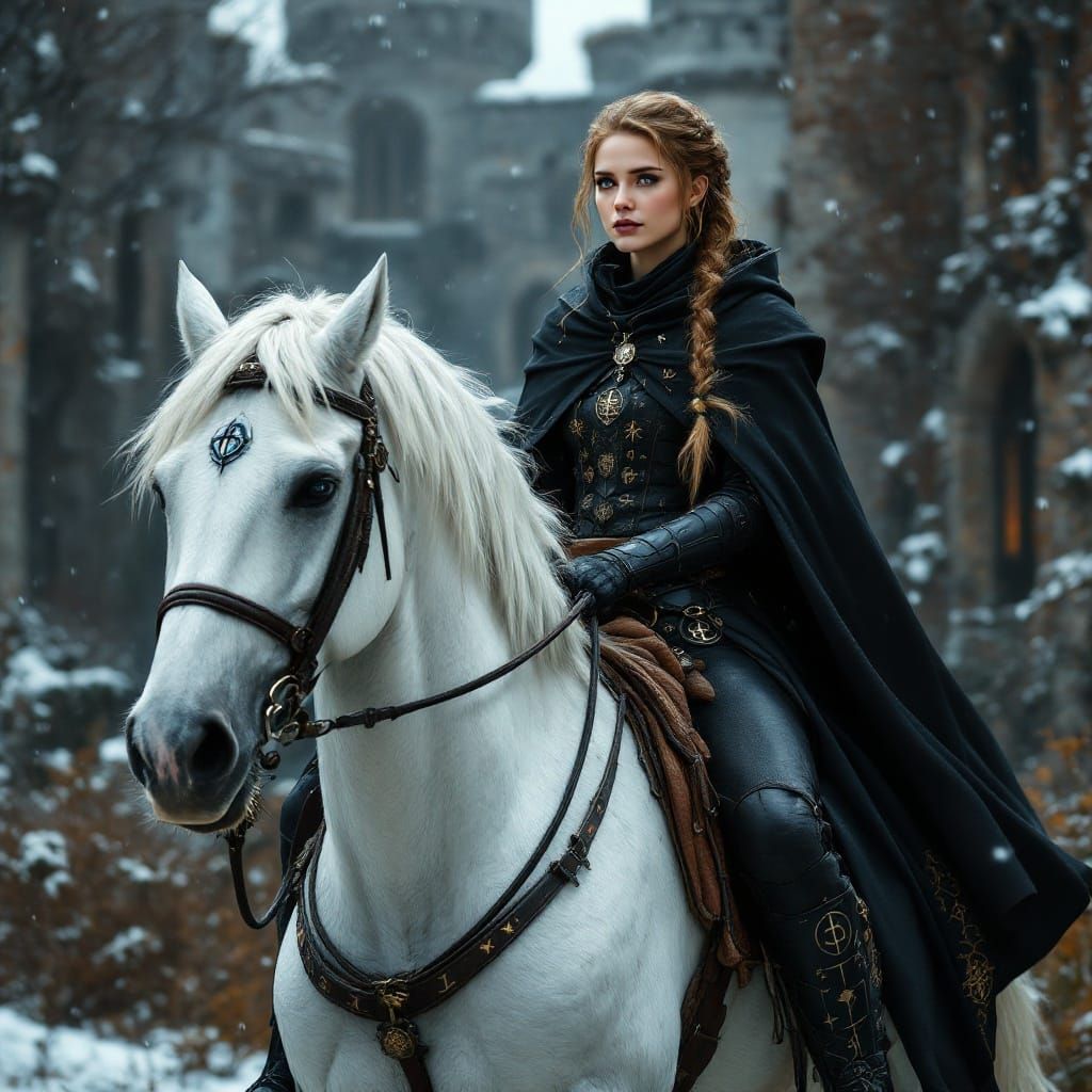 Medieval Enchantress Rides Majestic Horse in Winter Castle G...