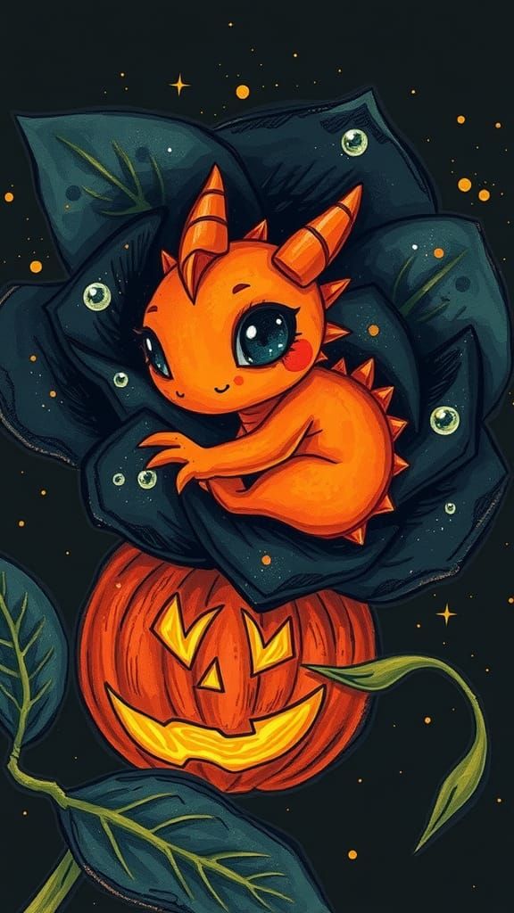 Halloween Dragon in Black Rose, Crayon Drawing