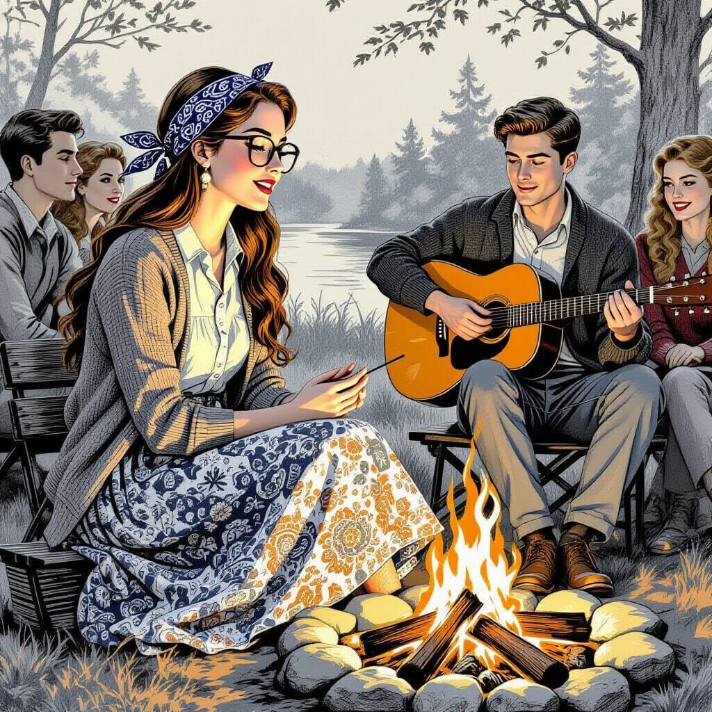 Woman Leads Campfire Singalong in Engraving Style