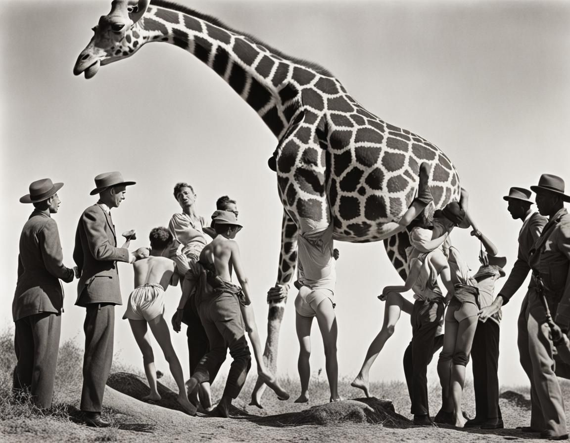 Several People climbing over a giraffe. black and white phot...