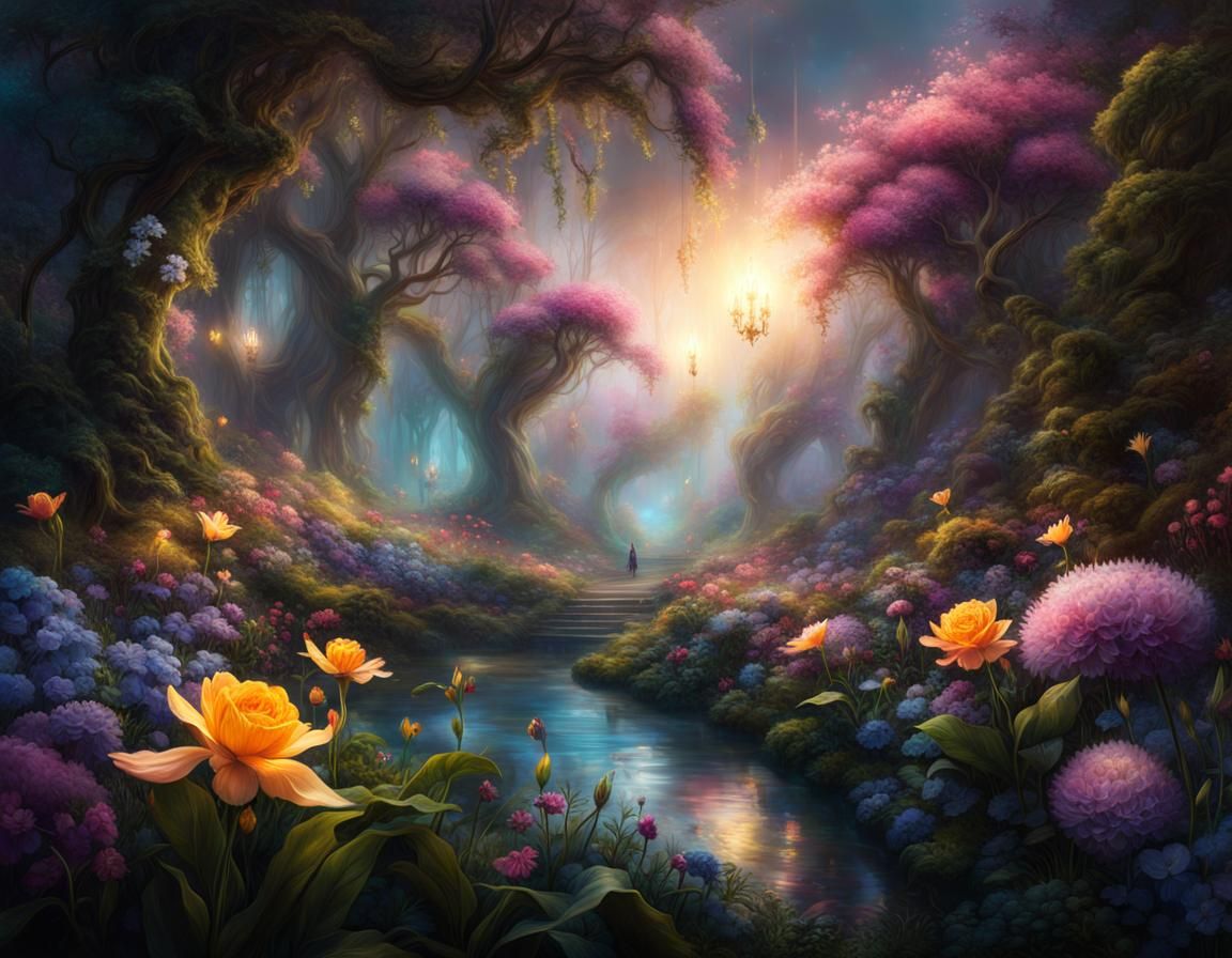 Glowing Flowers in Magical Garden with Mystic Fog