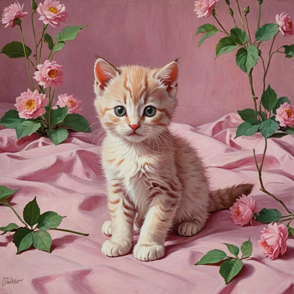 Pink Kitten in Impressionist Style