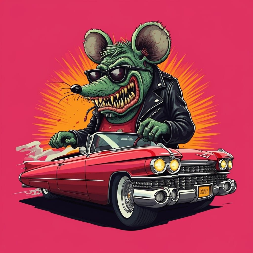 Ratfink Monster Driving a Cadillac: 2D Game Art