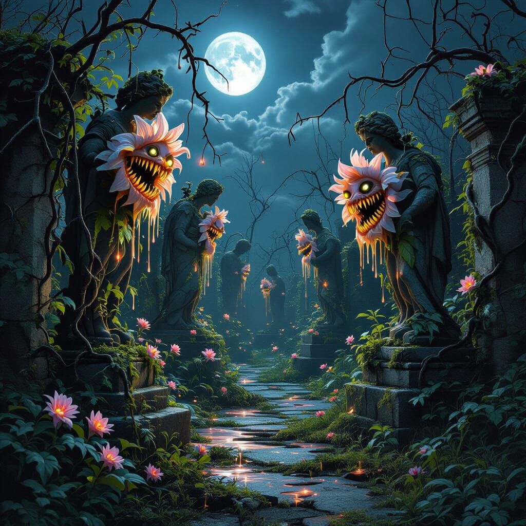 Eerie Overgrown Garden at Midnight in Beksiński Style