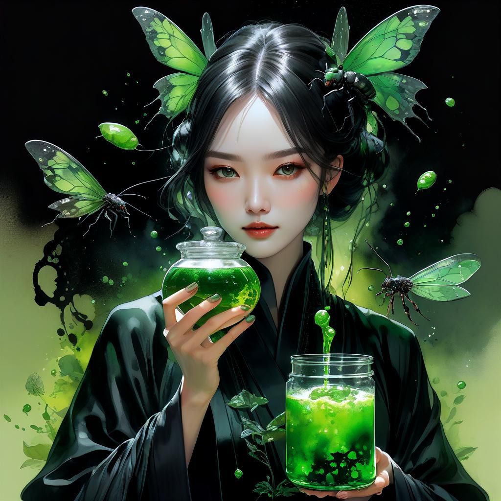 Girl Brews Poison Potion: Ink and Watercolor Sketch