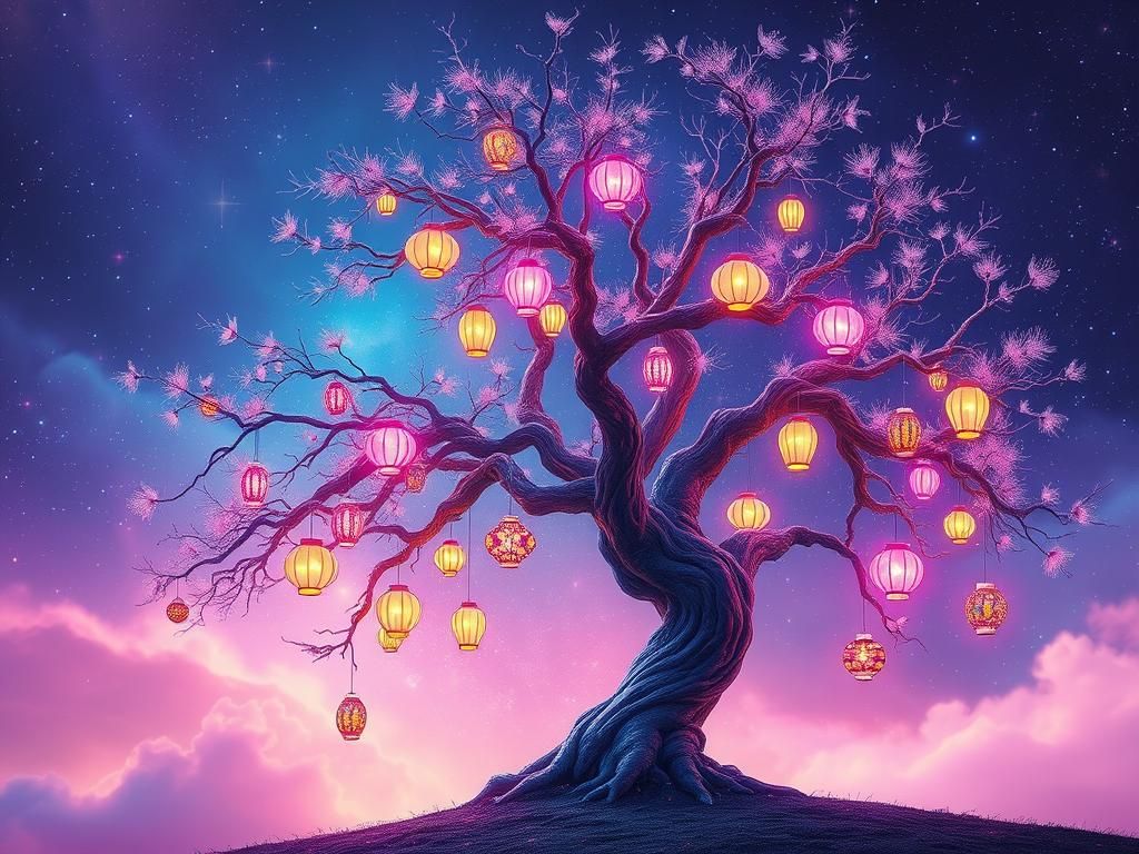 Glowing Tree with Astral Lanterns: Synthwave Vaporwave Art