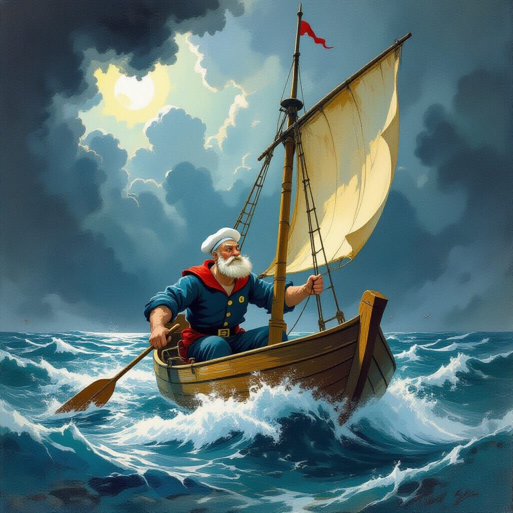 Popeye Sails a Surreal Dreamscape in Gouache and Watercolor