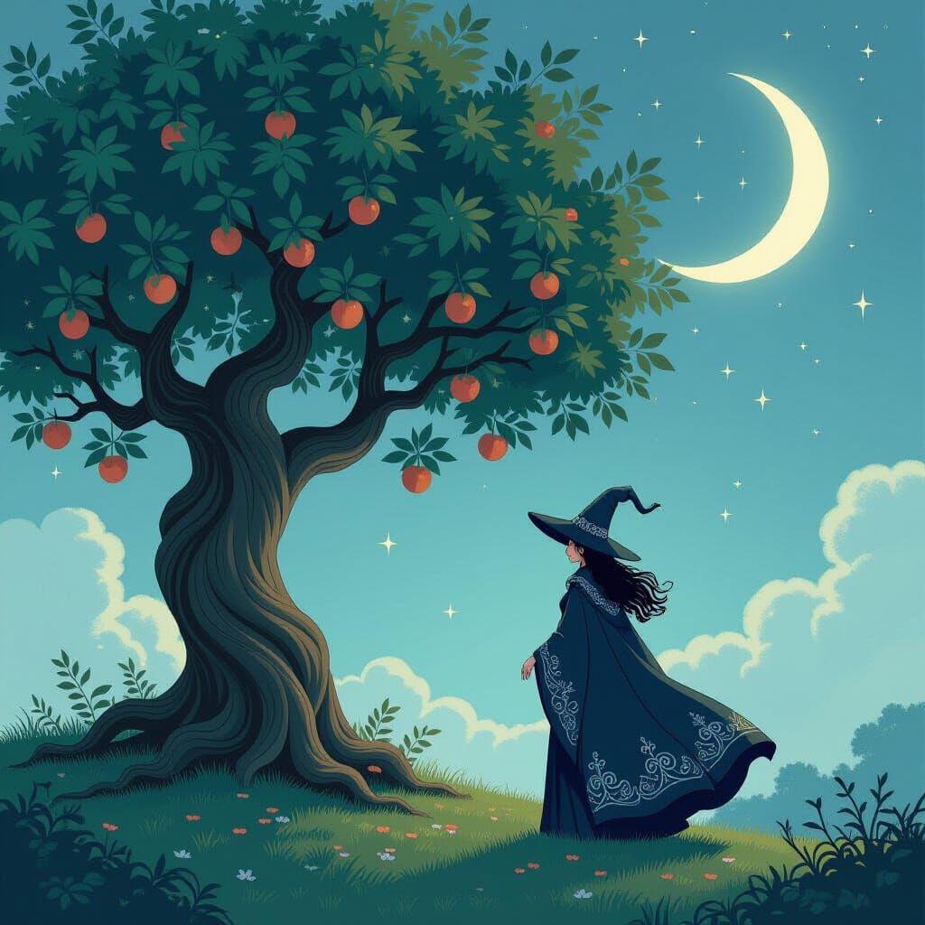 Ethereal Witch Under Moonlit Mulberry Tree: Ghibli Style