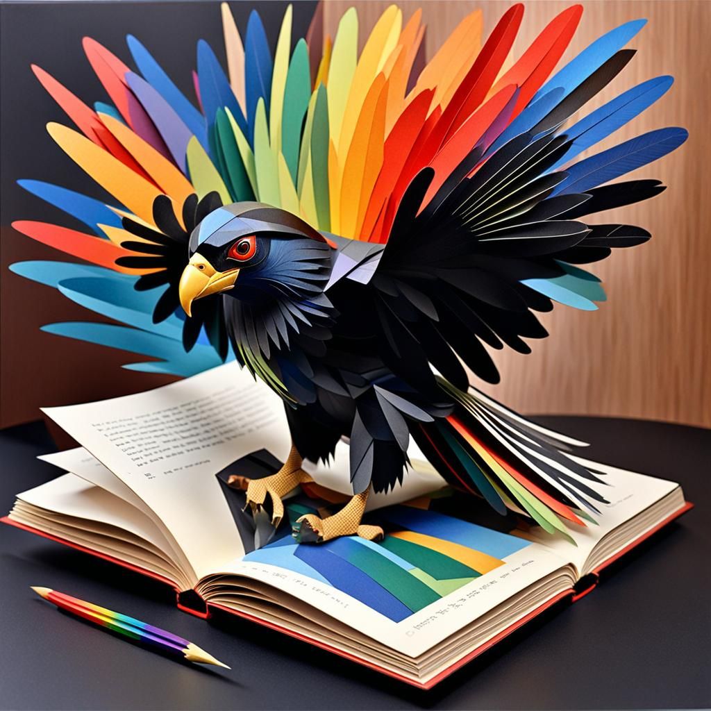 ( pop up book,Black and Rainbow hawk) Wild, feathers  abstract cubism Euclidean Georgy Kurasov Albert Gleizes