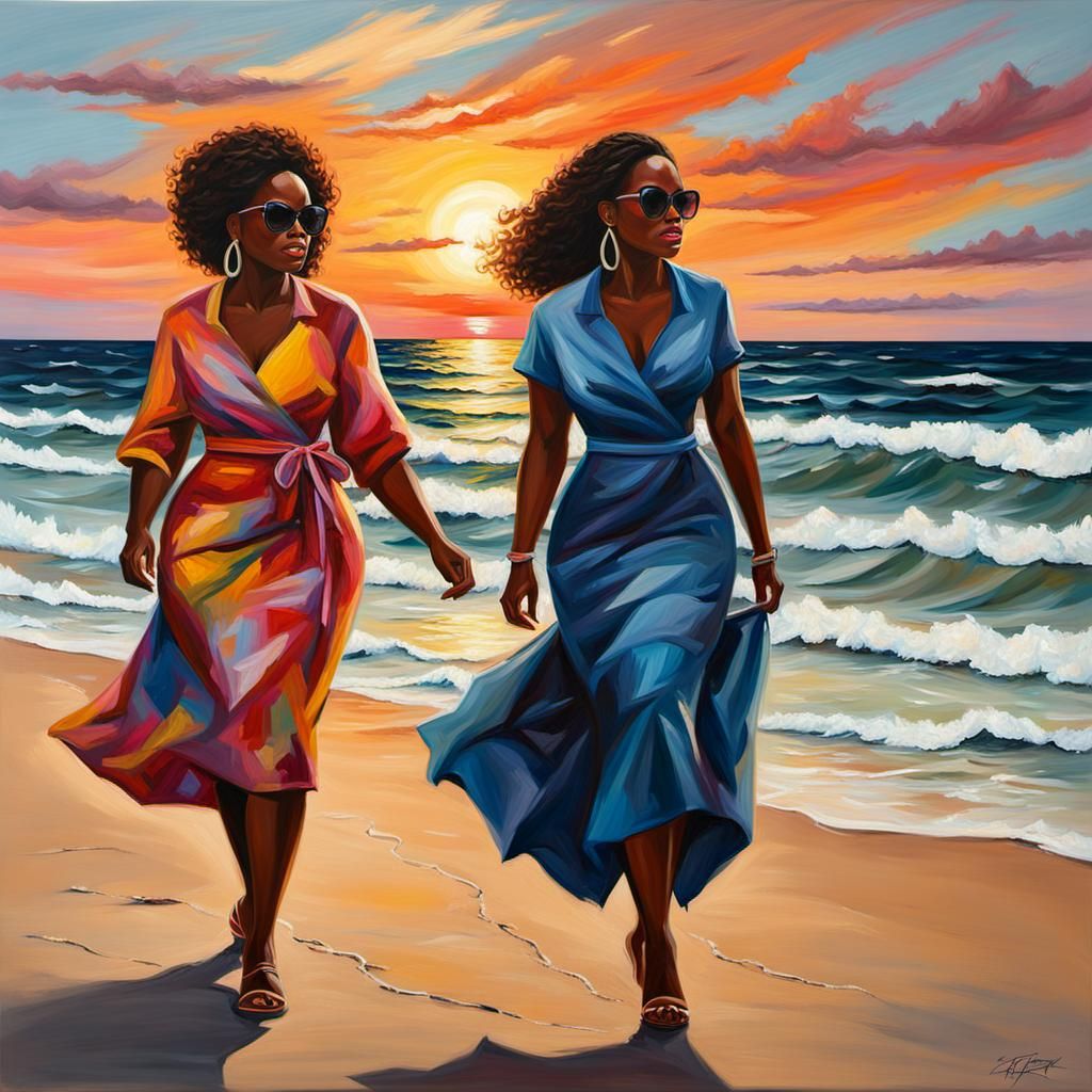 Oil Painting of Sisters Walking on Beach at Sunset
