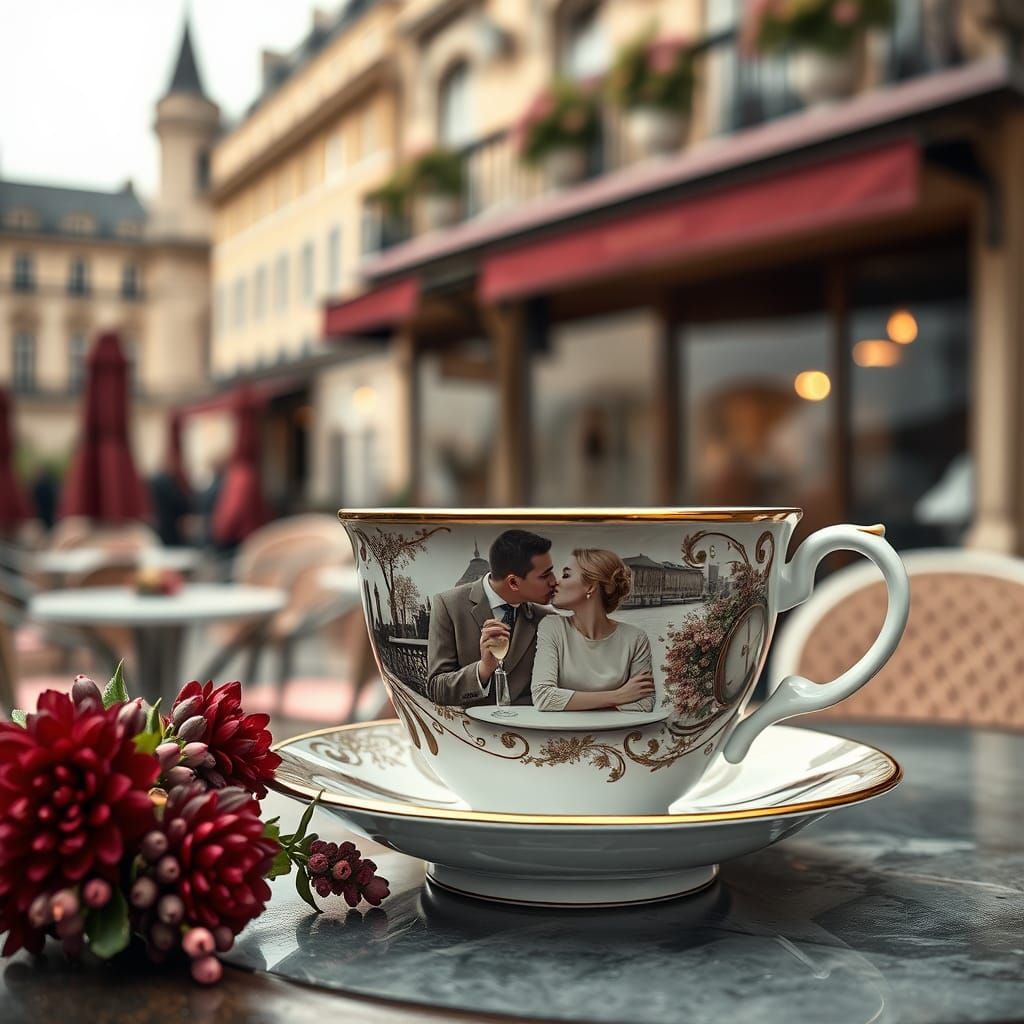 Parisian Café Kiss in a Teacup, Hyperrealistic Photo