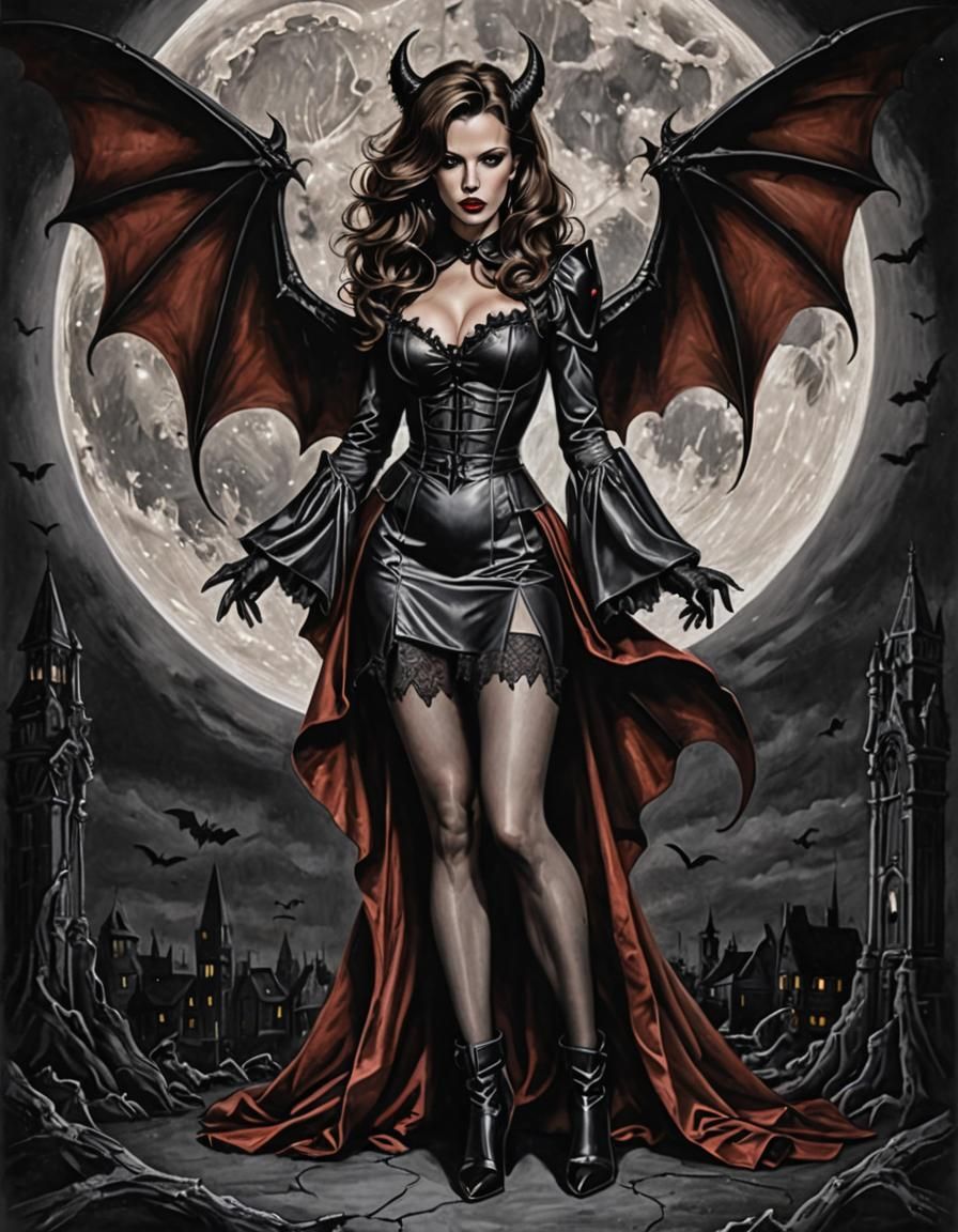 Vampire Pinup with Demonic Wings in Charcoal Style