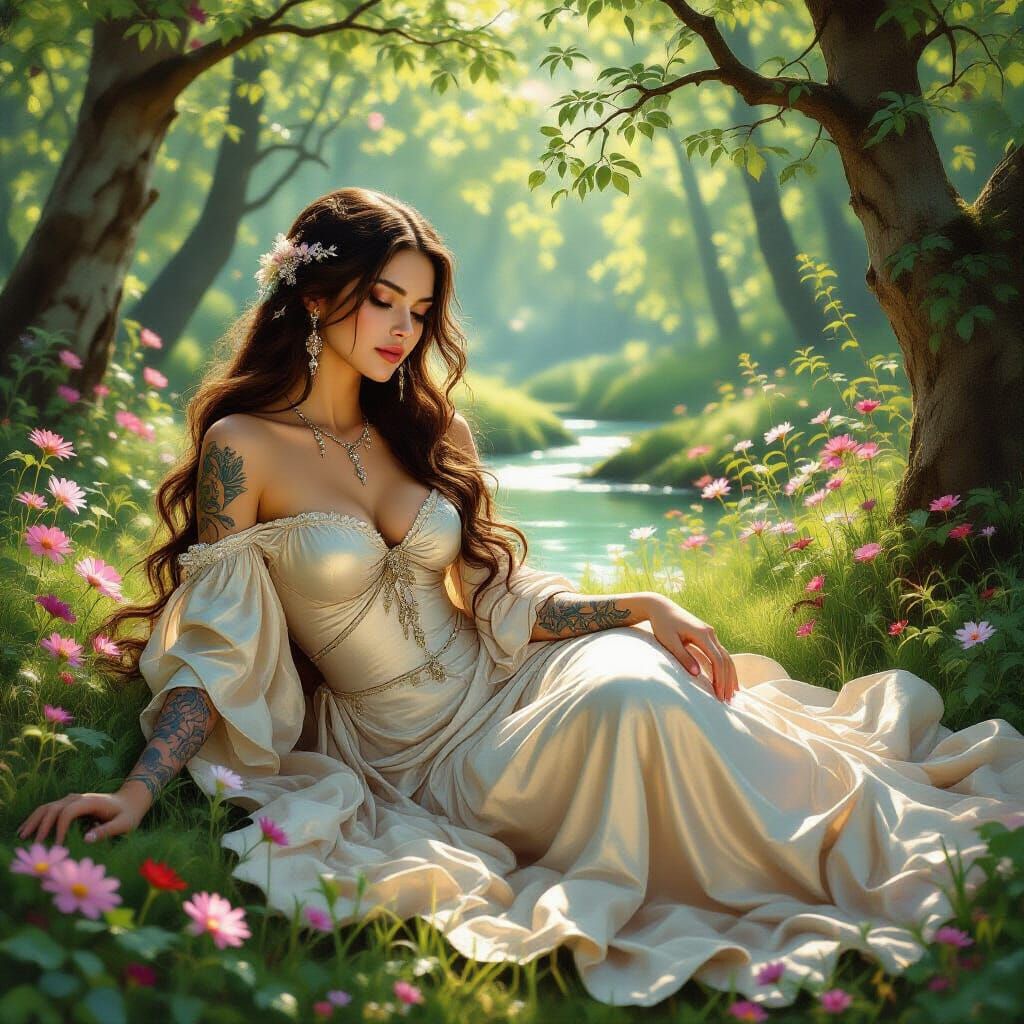 Ethereal Woman in Forest Glade: A Pre-Raphaelite Vision