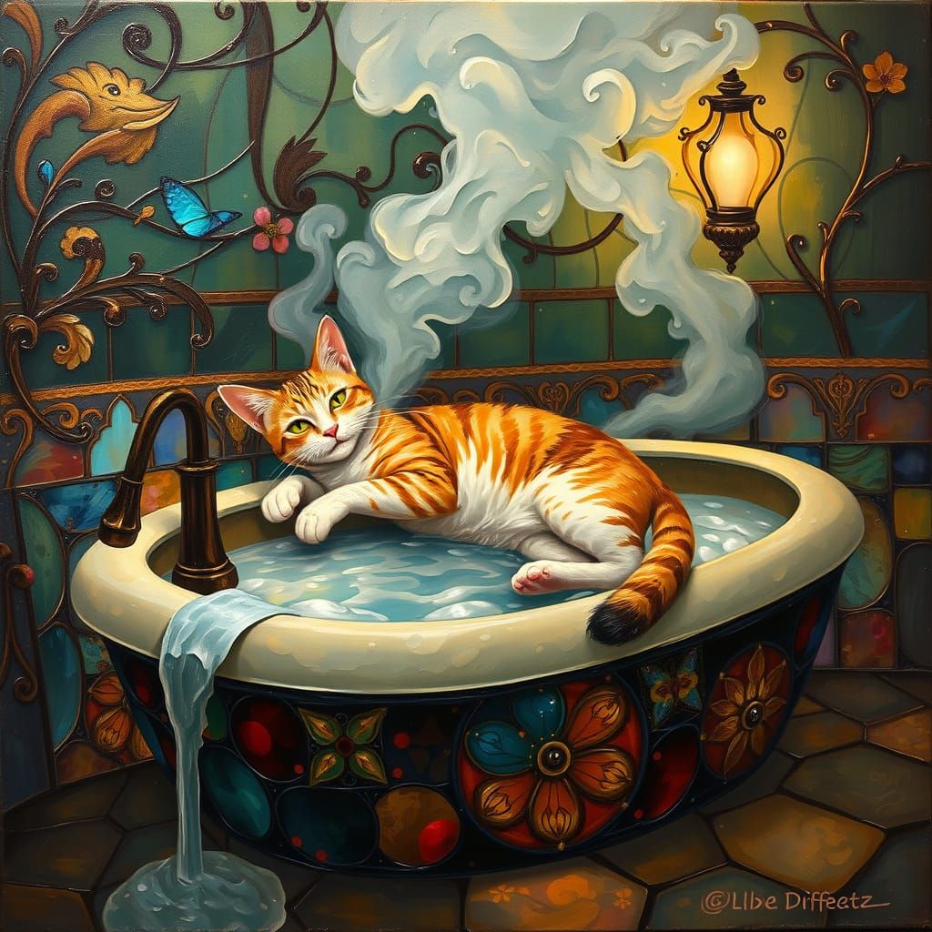 Cat On a Hot Tub WLOP contrasting colors deep color art Nouv...