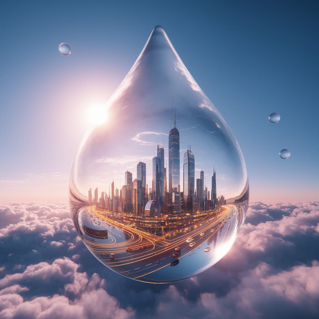 Futuristic City Inside Giant Water Droplet