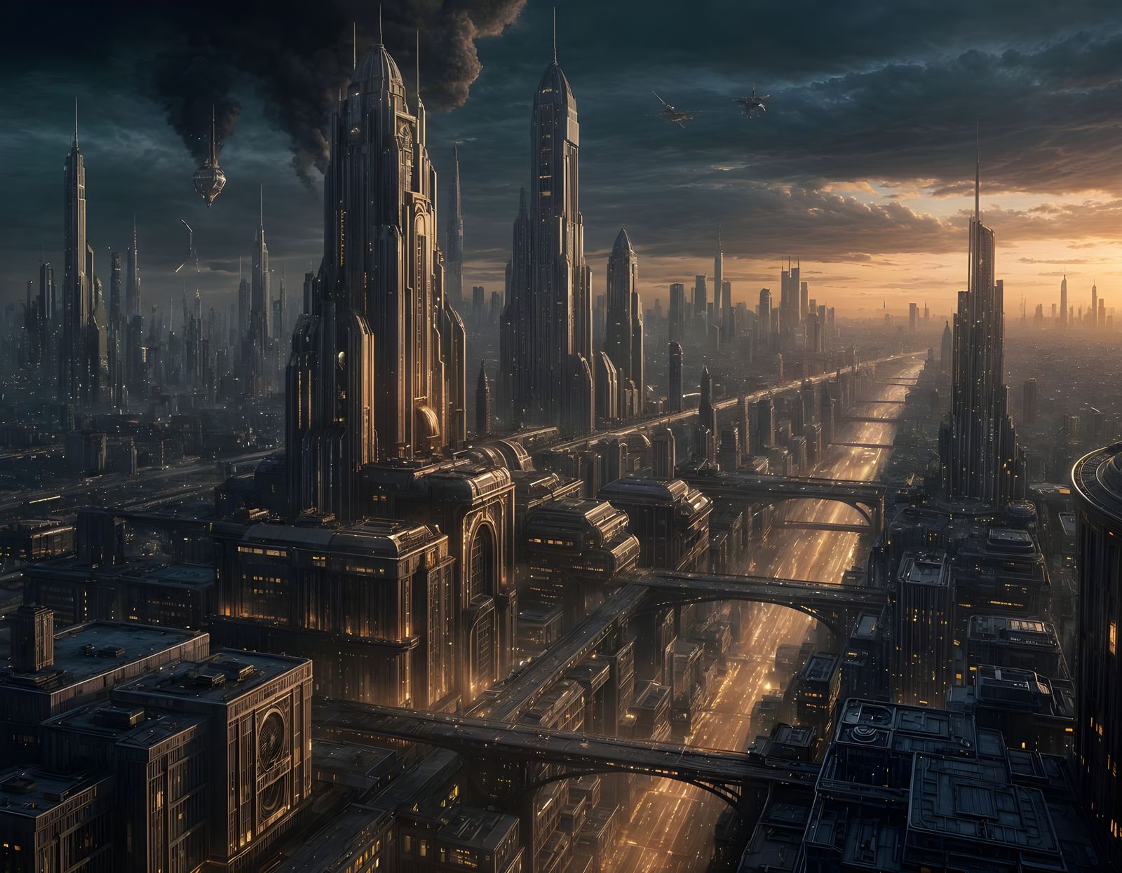 Vintage Futuristic Cityscape at Magic Hour