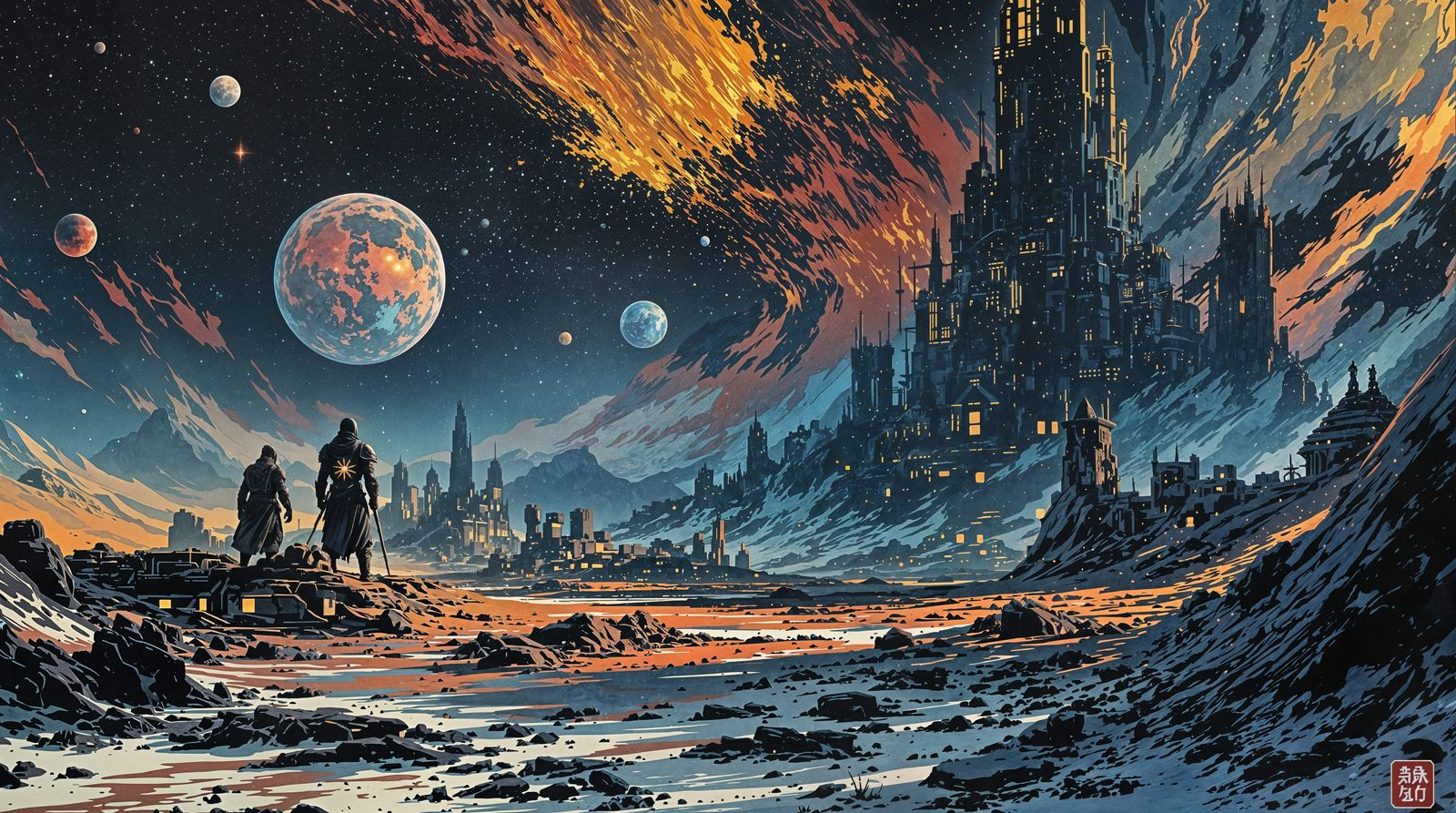 Storm Wardens of Planet Slud in Woodblock Style