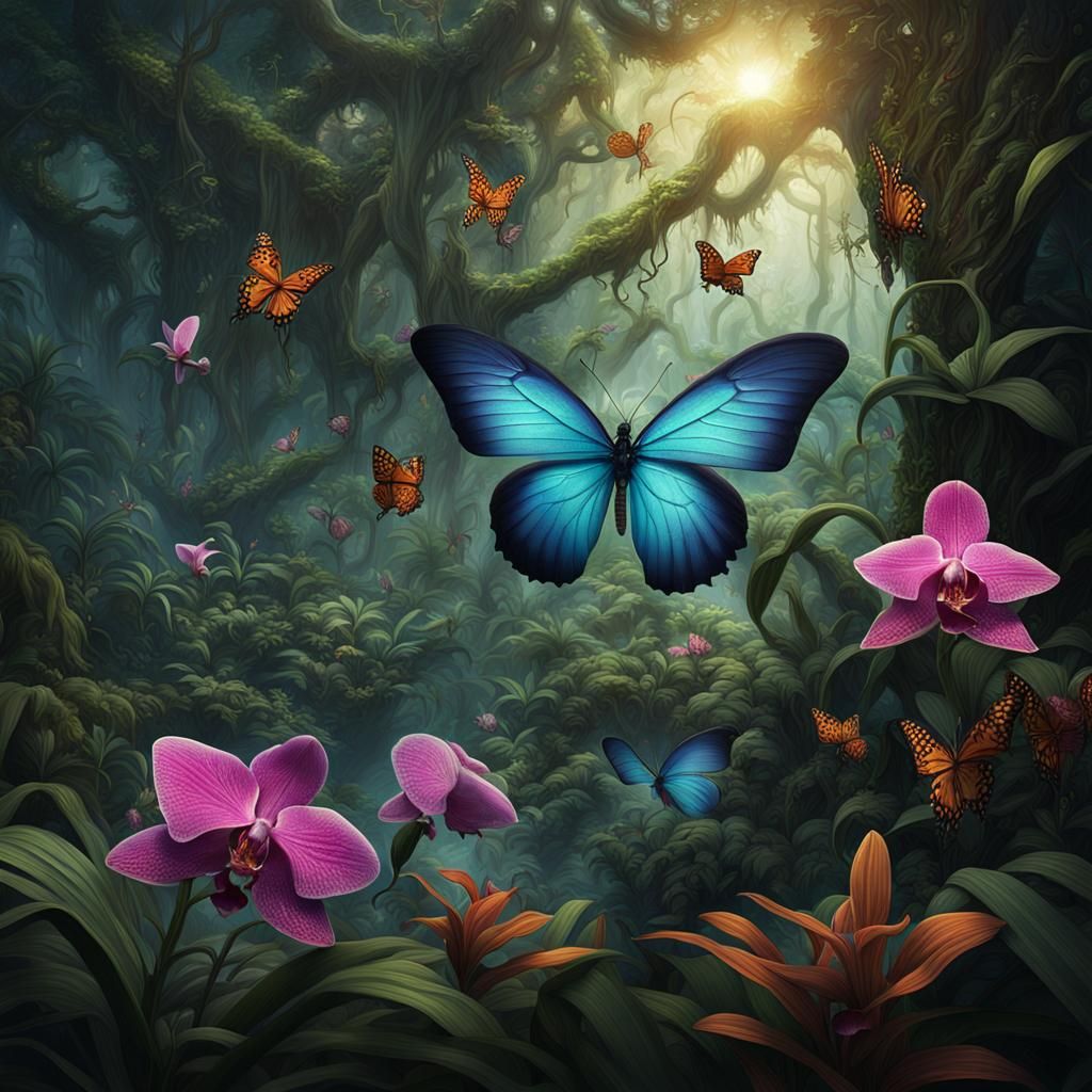 Thai Jungle: Orchids and Iridescent Butterflies