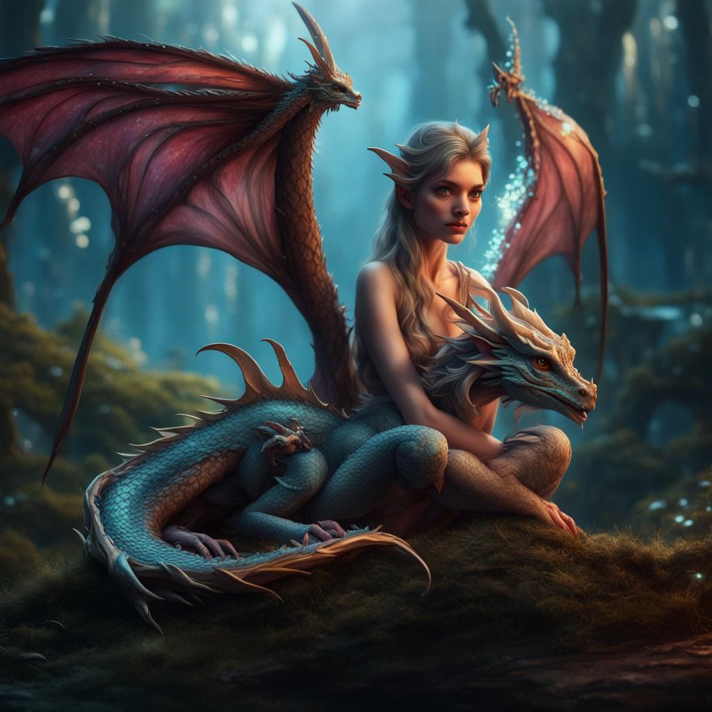 Fairy Dragon with Baby Dragon in Fantasy Art