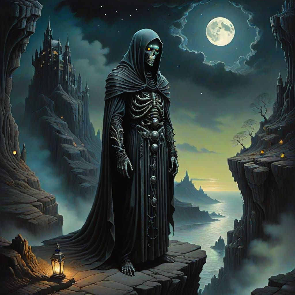 Nocturnal Mystic Stands atop Moonlit Cliff