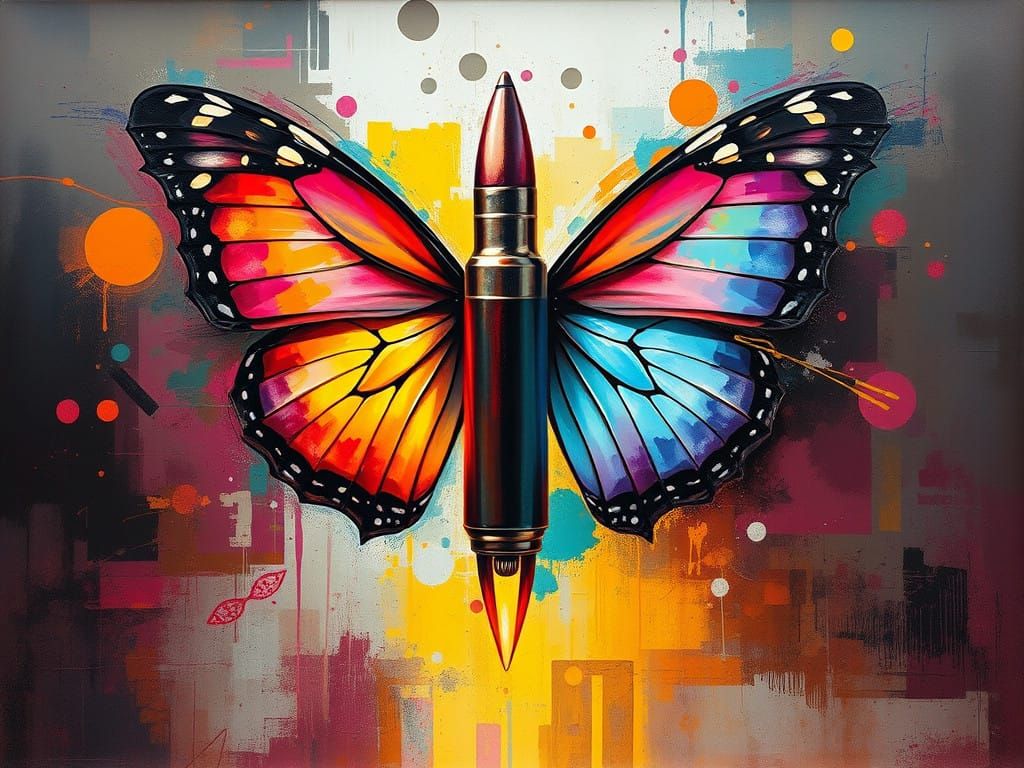 Whimsical Bullet with Butterfly Wings Oil Painting