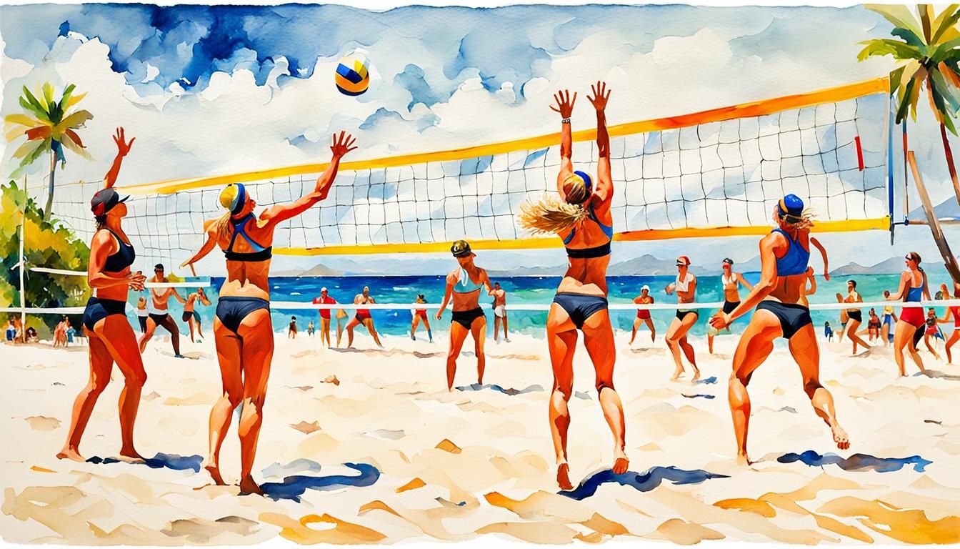 Impressionist Beach Volleyball in Watercolor Style