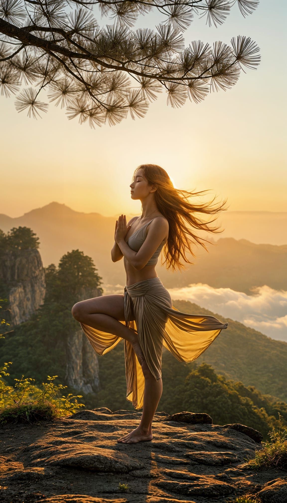 Japanese Woman in Yoga Pose on Cliff at Sunrise