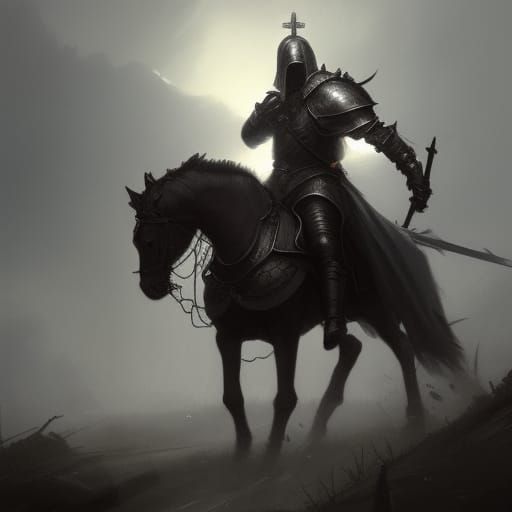 Templar Knight on Black Horse in Fog