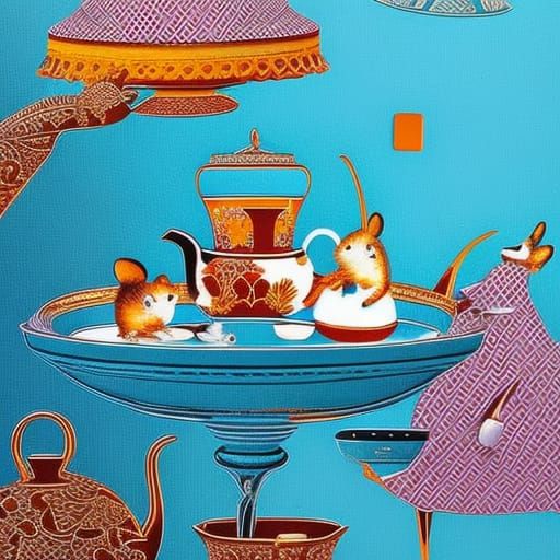 Mouse Family Tea Party: Abstract Art in Cupboard