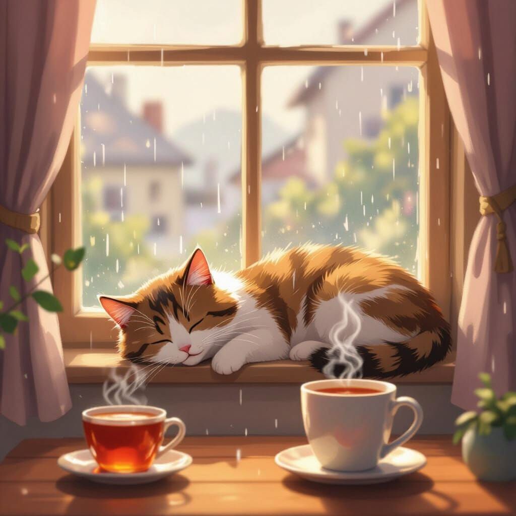 Cozy Lofi Cat Nap with Steaming Tea in Pastel Hues